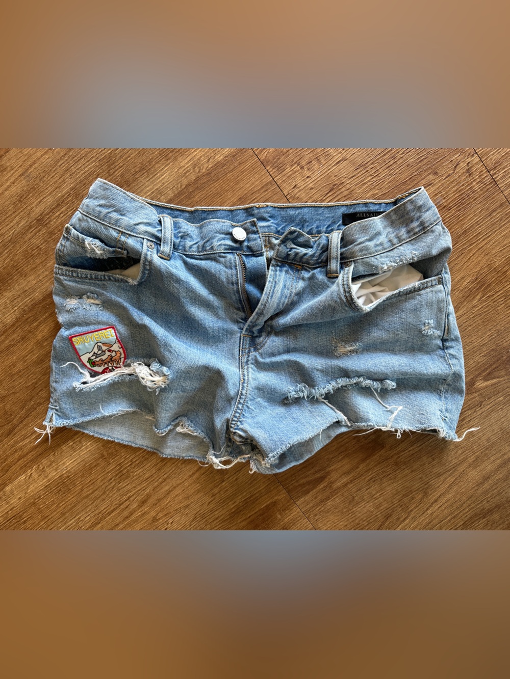 AllSaints Light Blue Distressed Denim Patch Shorts “Kate”